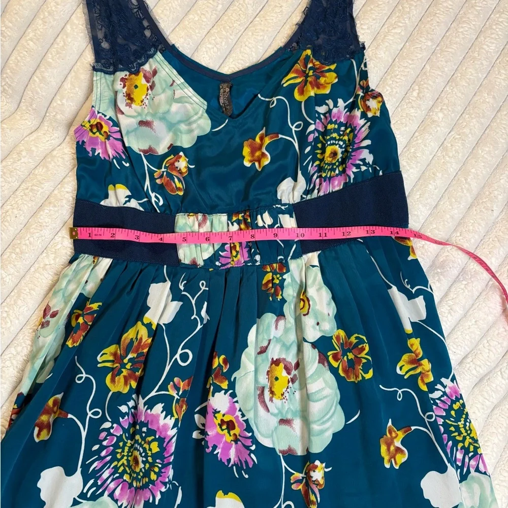 Free People Teal Floral Mini Dress with Navy Lace Trim